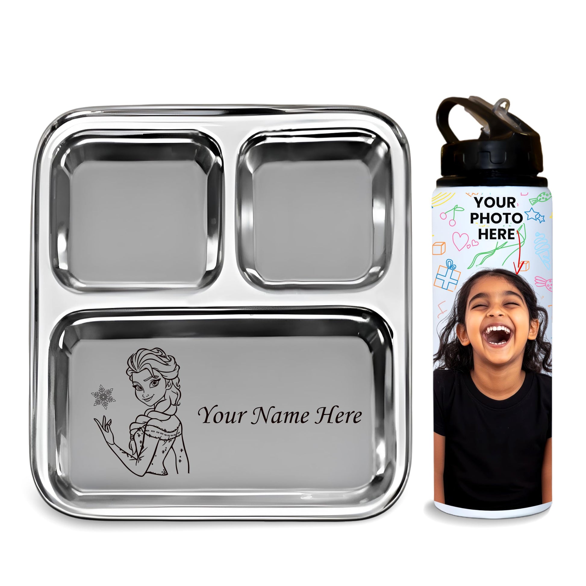 Savri Personalized Kid Combo  Name Engraved 3Compartment Steel Plate + Photo Printed 750Ml Bottle With Favorite Character | Cu