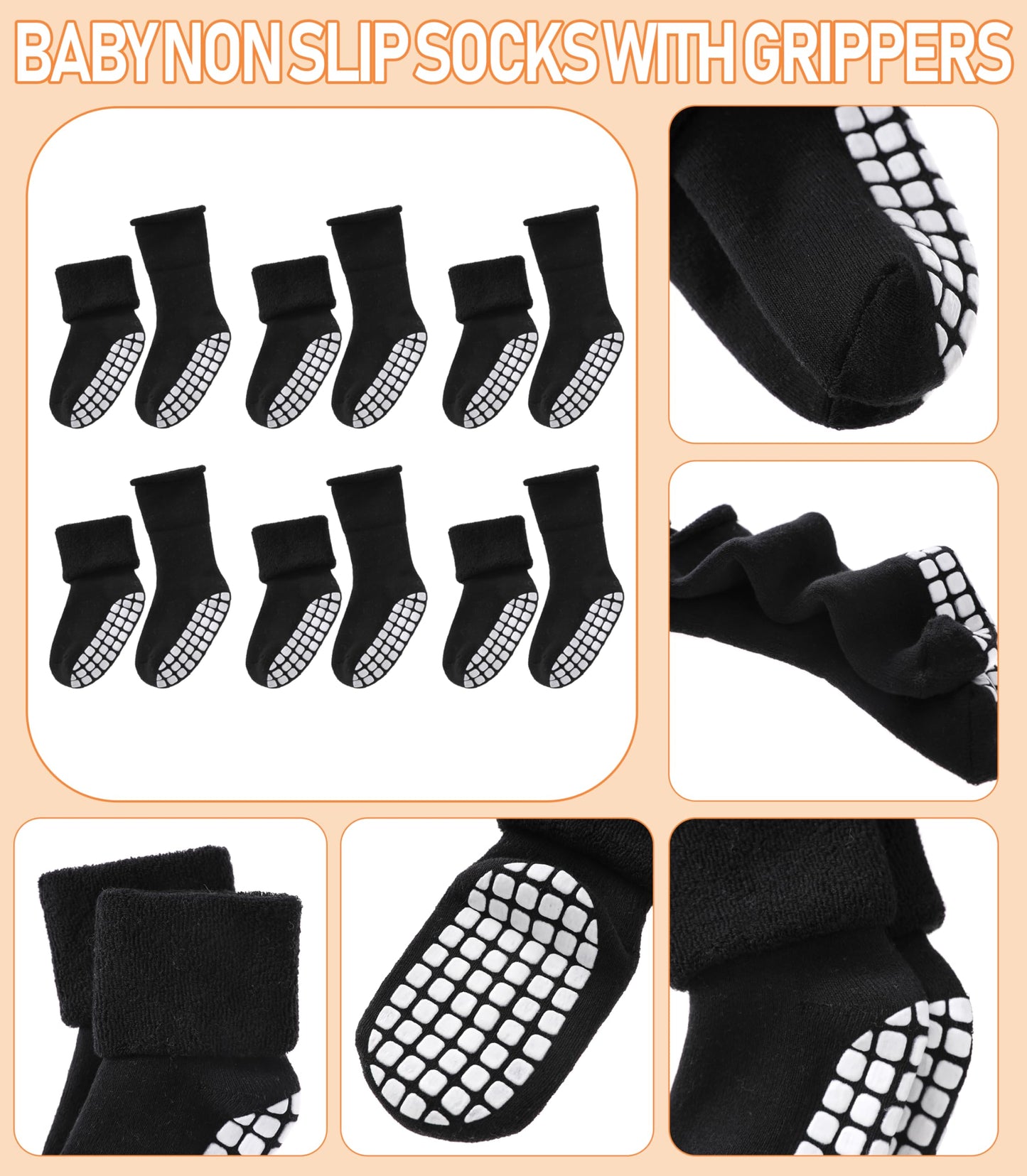 Lanleo Baby Girls Boys Non Slip Socks With Grips Toddler Kids Unisex Warm Thick Cotton Ankle Crew Socks With Grippers 6 Pairs Bl