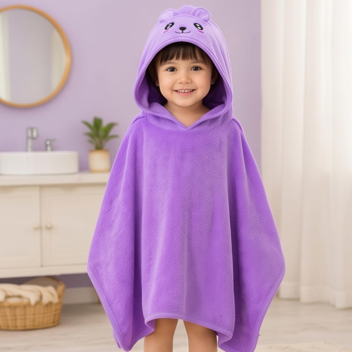 Parish Handlooms Kids Hooded Bath Towel Poncho, Purple Bear Animal Design