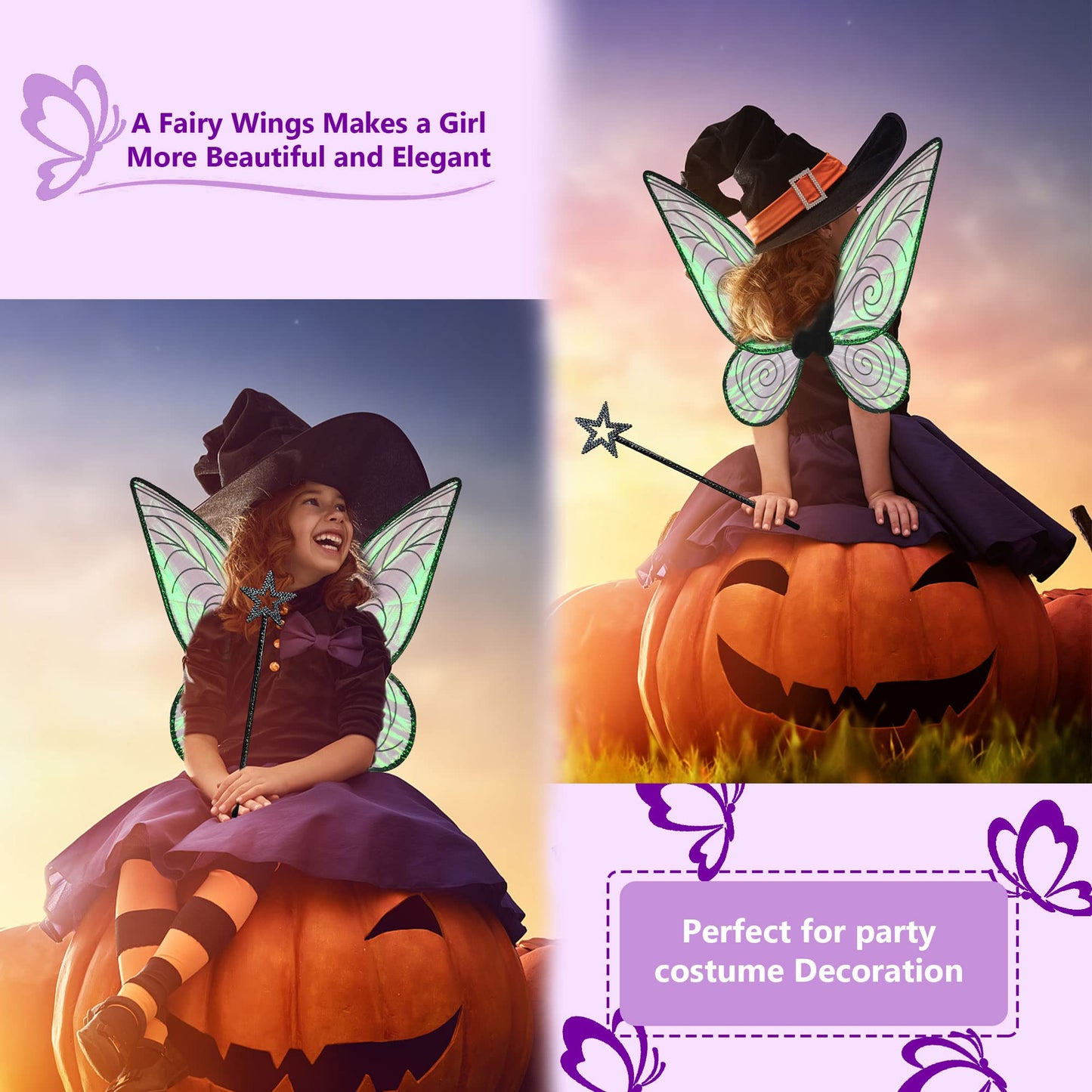 U-Zomir Fairy Costume Wings For Women Girls, Sparkle Black Fairy Butterfly Wings Halloween Costume Dress Up Christmas Birthday P