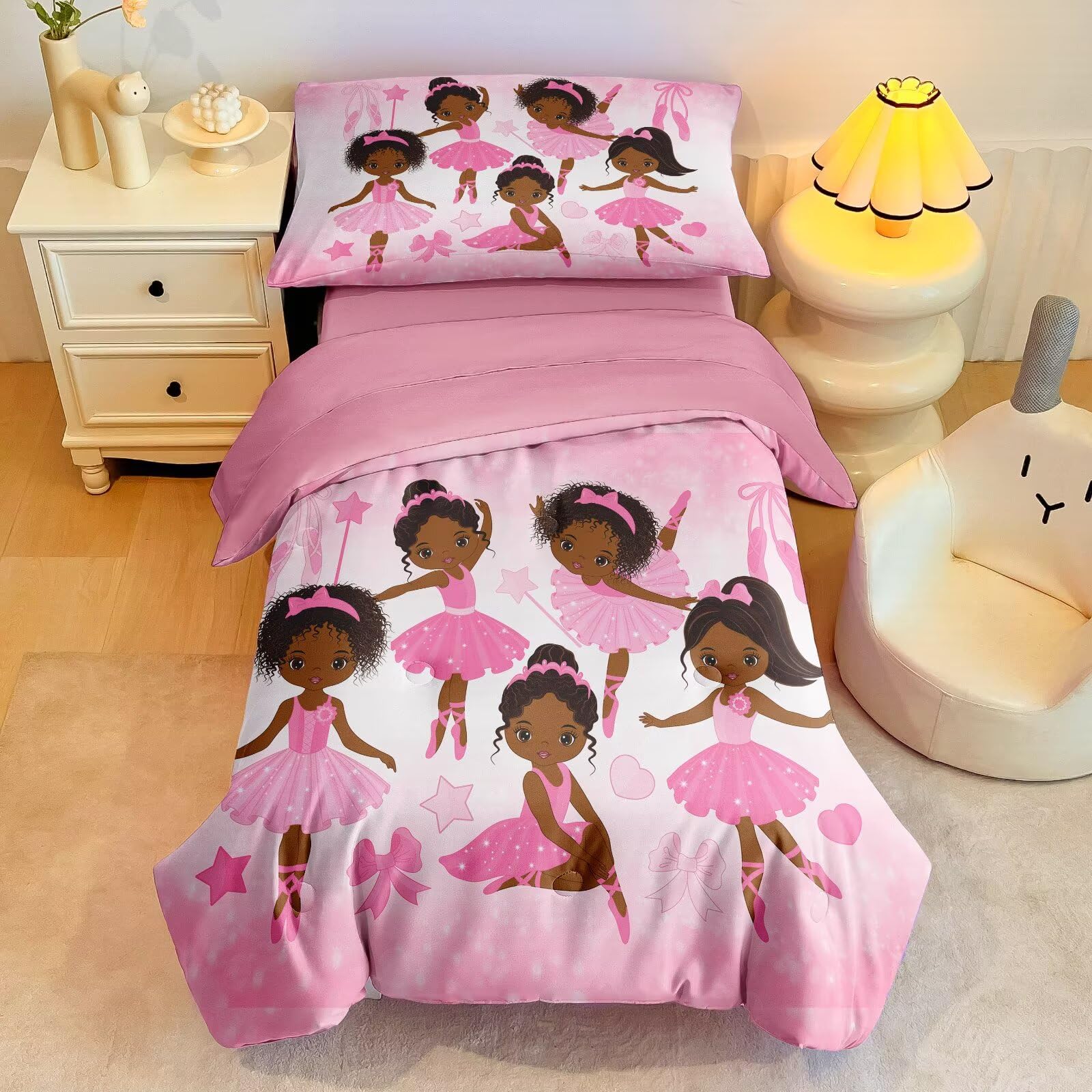 GRAT TIOC 4 Piece Toddler Bedding Set for Girls,Toddler Pink Ballerina Comforter Set,Dancer Princess Toddler Bed Comforter Set I
