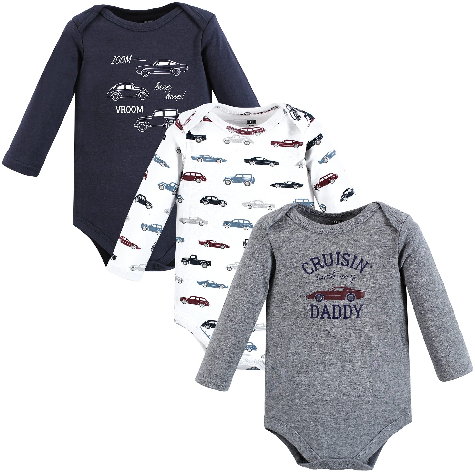 Hudson Baby Unisex Baby Cotton Long-Sleeve Bodysuits Cars 3-Pack, 12-18 Months