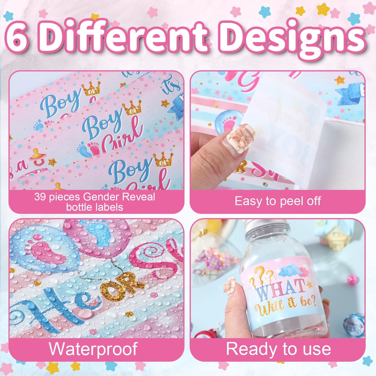 39 Pieces Baby Gender Reveal He Or She Baby Water Bottle Labels Stickers Gender Reveal Shower Party Favors Decoration Waterproof