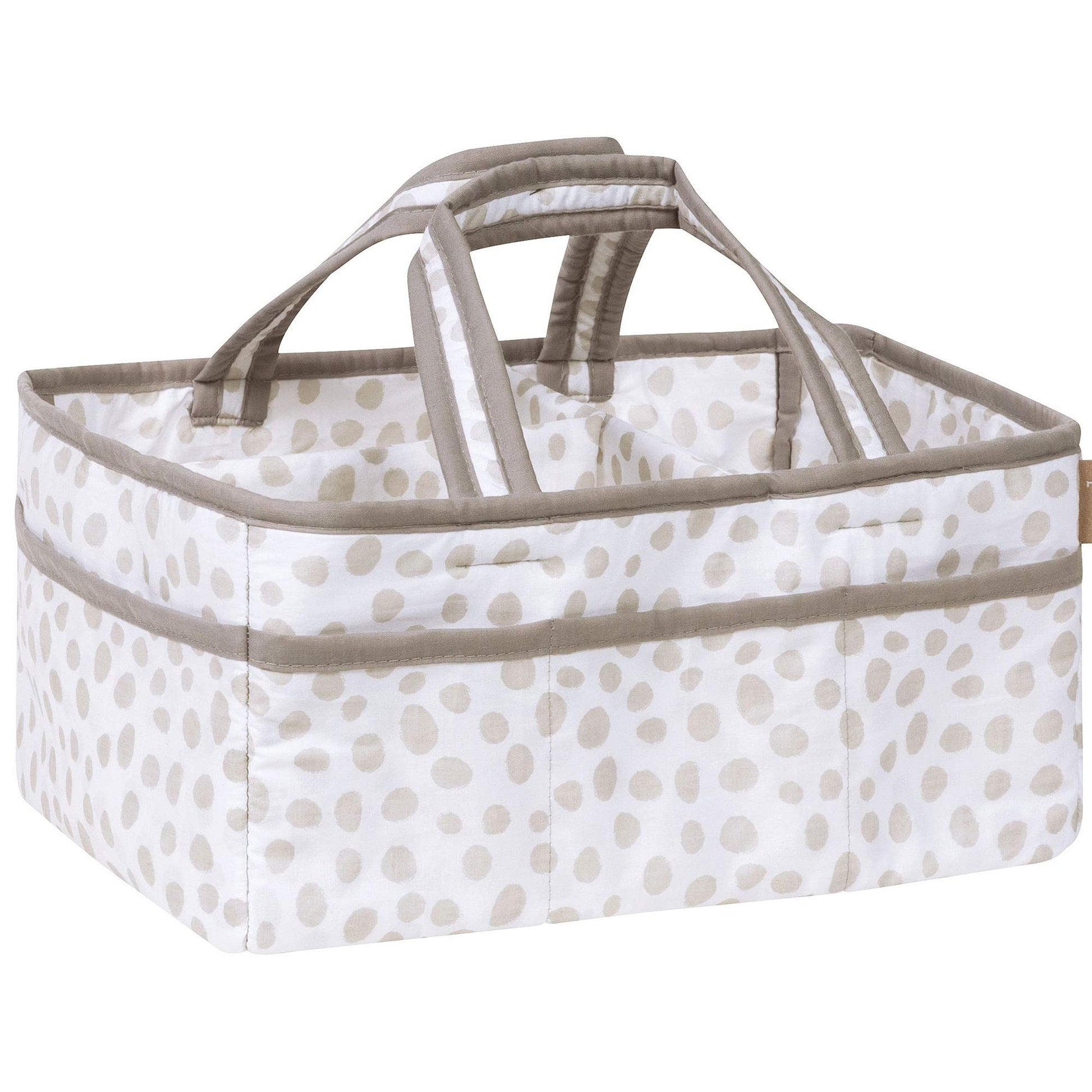 Sydney Storage Caddy-Dalmatian Dot Body and Handles, Dalmatian Dot Lining, Solid Gray Trim, Grays, White, Two Handles, 12 in x 6
