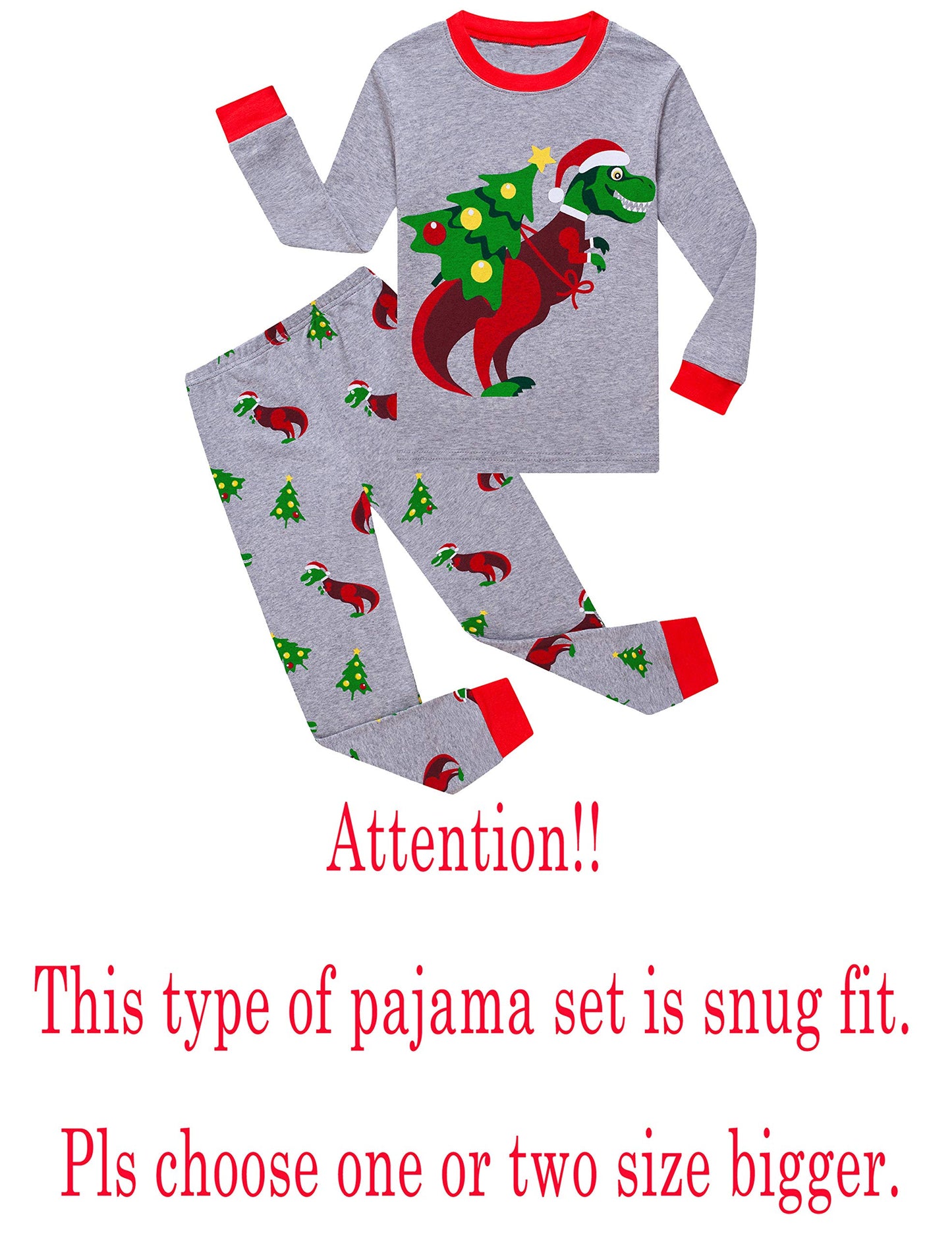 Kikizye Christmas Grey Dinosaur Baby Boys Long Sleeve Pajamas 100% Cotton Sleepwears Infant Size 18-24 Monthes