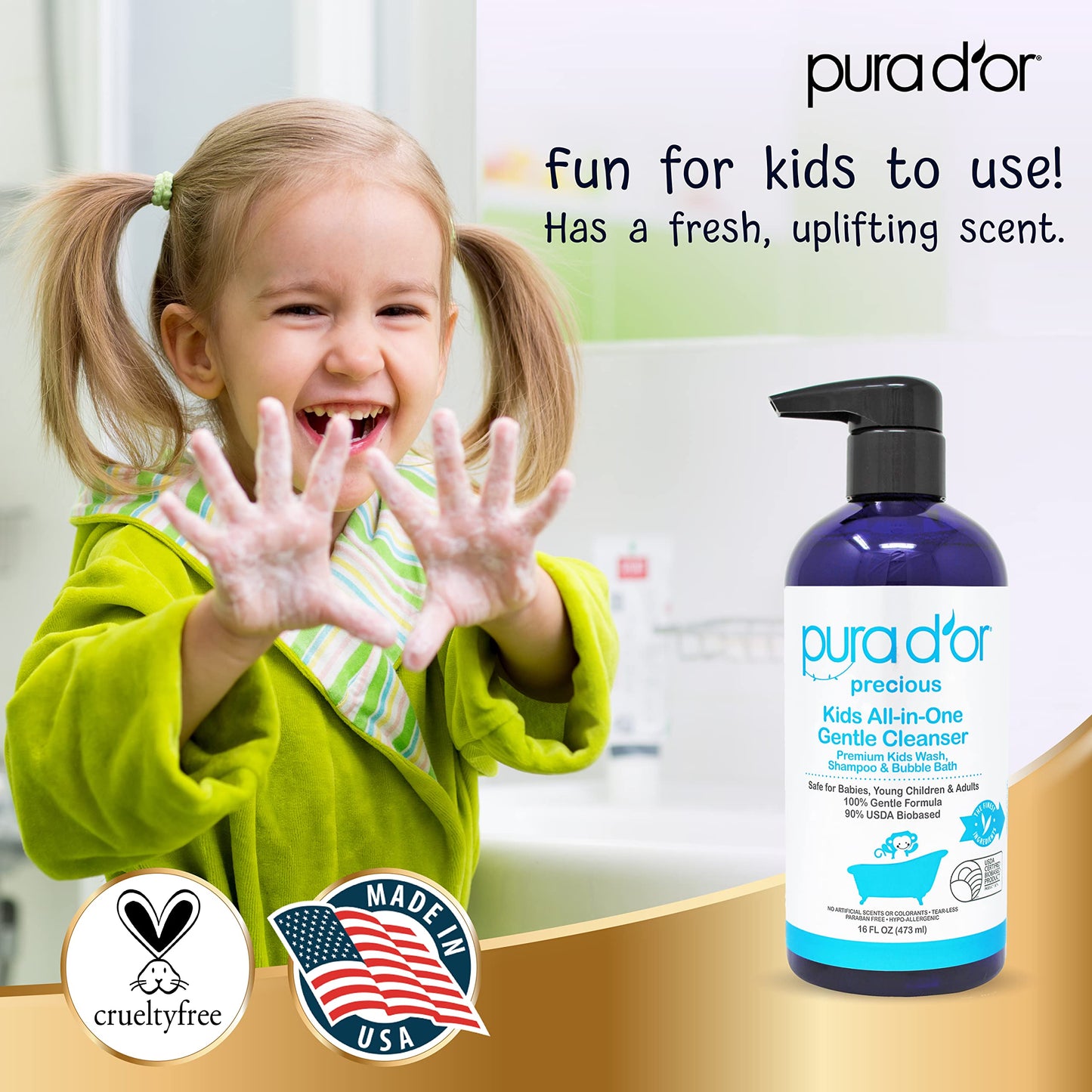 Pura D'Or Kids Wash (16Oz X 3 = 48Oz) All-In-One Gentle Cleanser - Usda Biobased, Sulfate-Free, Tear-Less, Hypoallergenic, Premi
