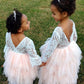 2Bunnies Girl Peony Lace Back A-Line Tiered Tutu Tulle Flower Girl Dress (Pink Bell Sleeve, 6M)