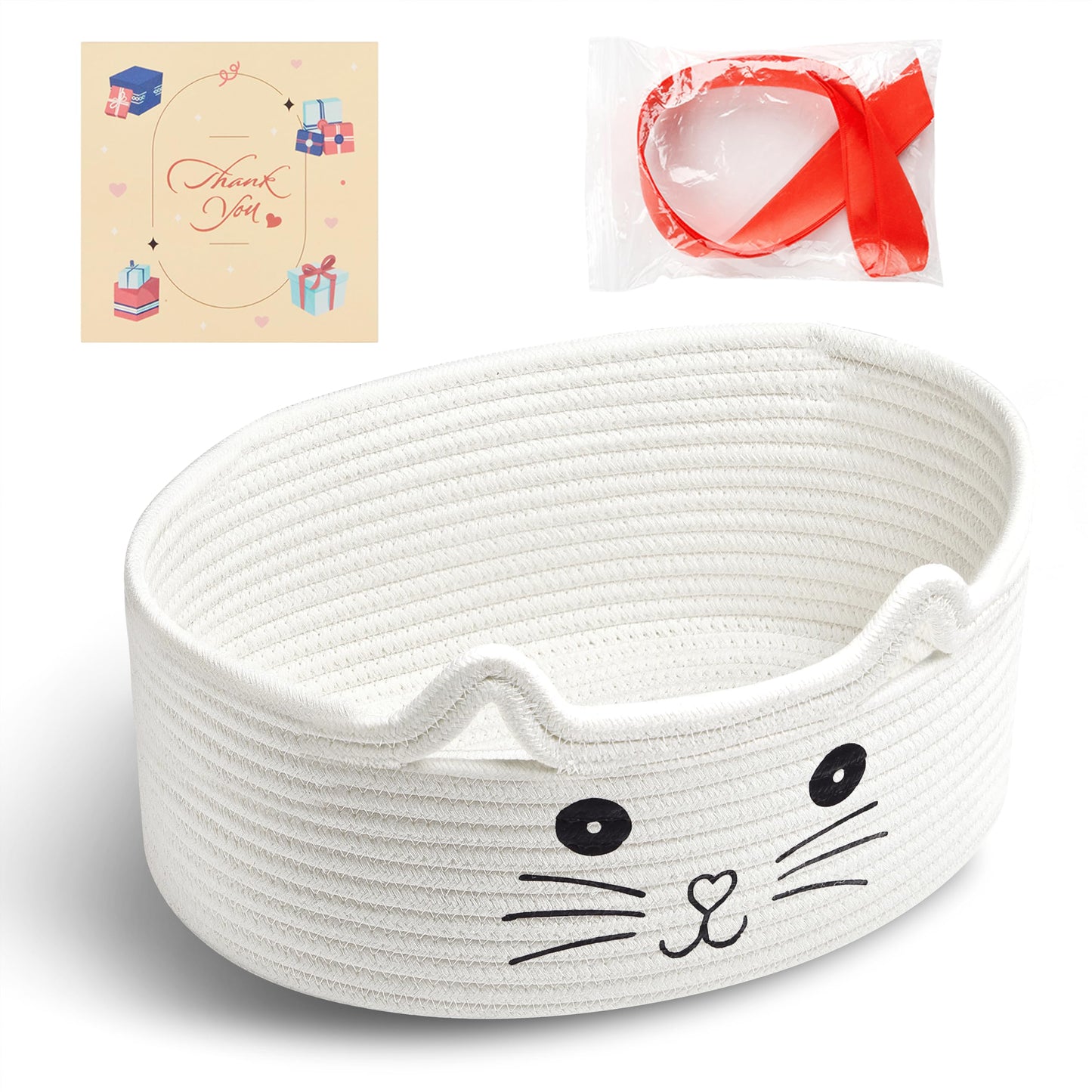 Bufims Small Woven Cat Gifts Basket for Storage Empty Cat Toy Bins Organizer with Ribbons and Bags Durable Cute Pet Gifts 12X 8 