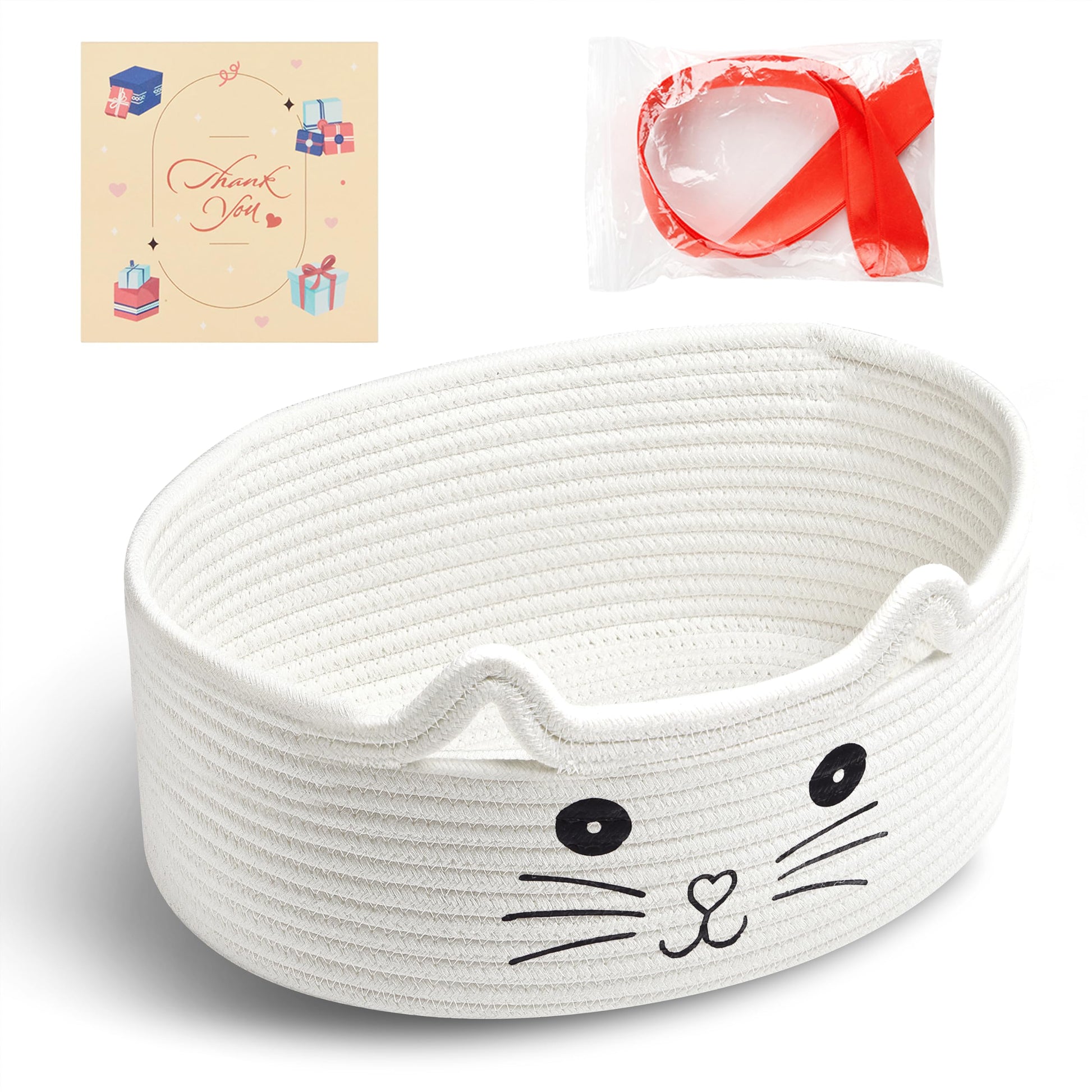 Bufims Small Woven Cat Gifts Basket for Storage Empty Cat Toy Bins Organizer with Ribbons and Bags Durable Cute Pet Gifts 12X 8 