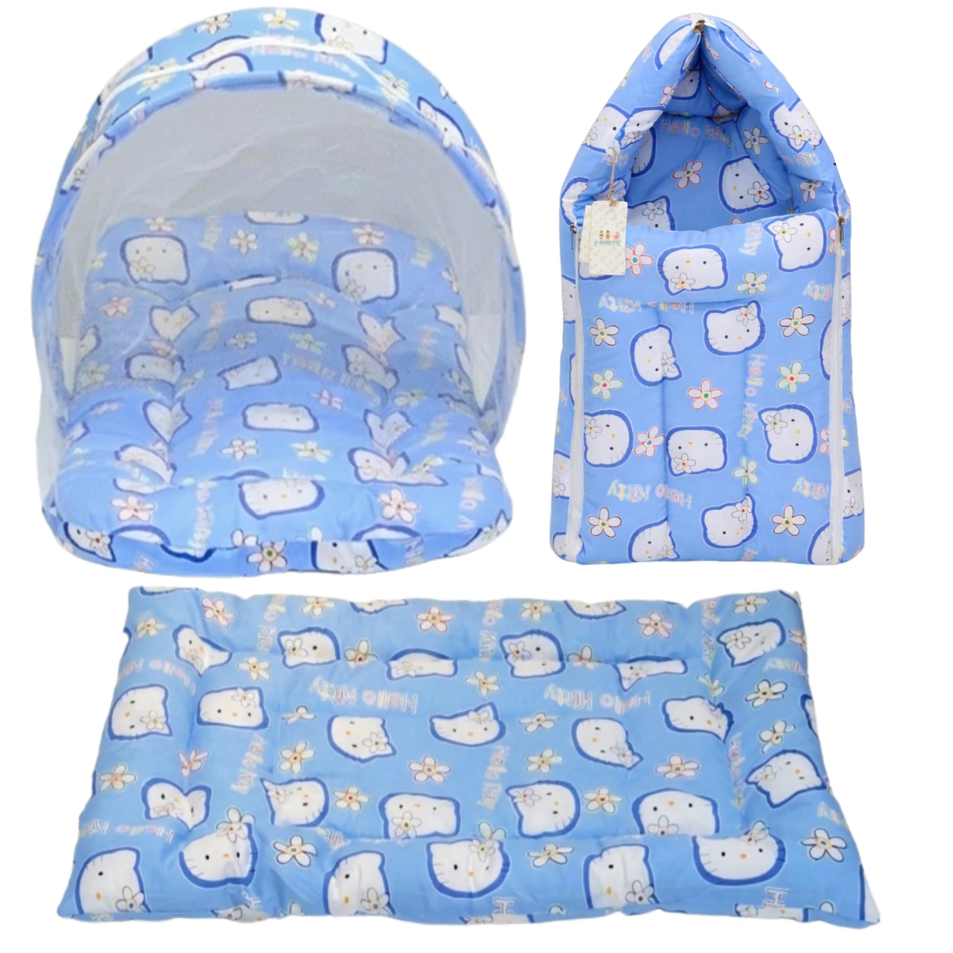 Fareto Combo Of Baby Cotton Mattress With Net | Sleeping Bag | 4 Pcs Bedding Set(06 Months, Single Size) (Blue)