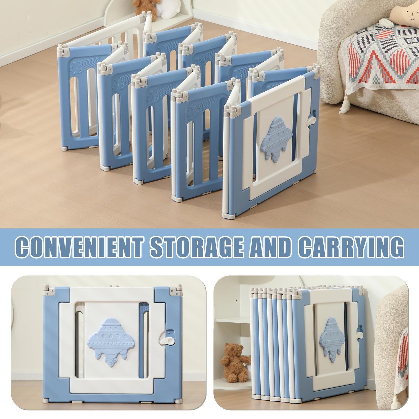 Baby Play Pen - 18 Panels Extra Large Playpen For Toddlers, Foldable Ufo, Adjustable Yard, Portable Fence - Blue