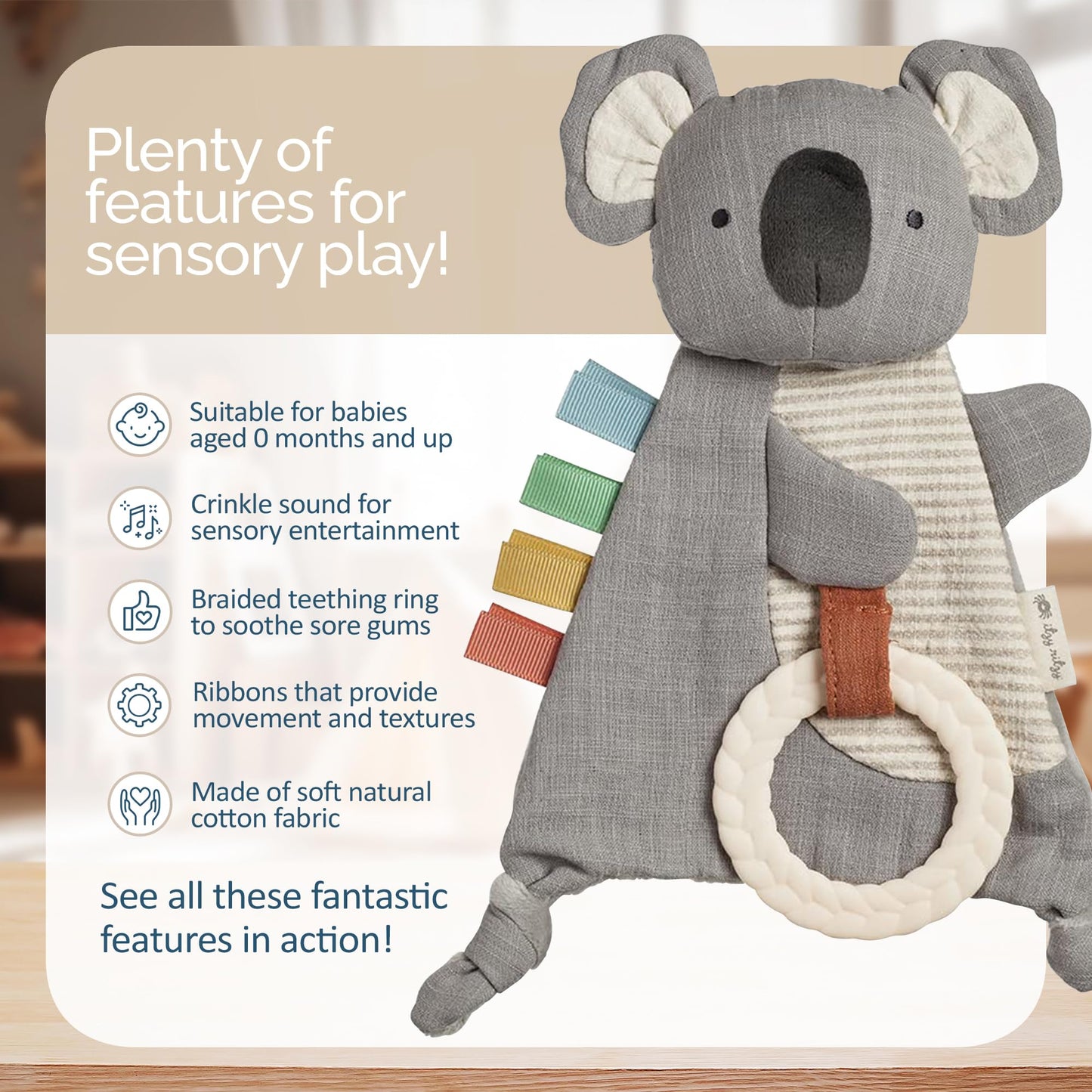 Itzy Ritzy - Bitzy Crinkle Sensory Toy Koala with Crinkle Sound for Babies & Toddlers - Features Soft Braided Teething Ring & Te