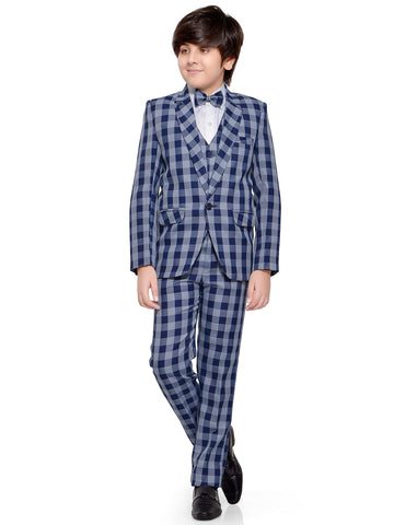 Jeetethnics Boys Blue Checked Coat Suit Set With Waistcoat Shirt And Trousers (9087Bq)