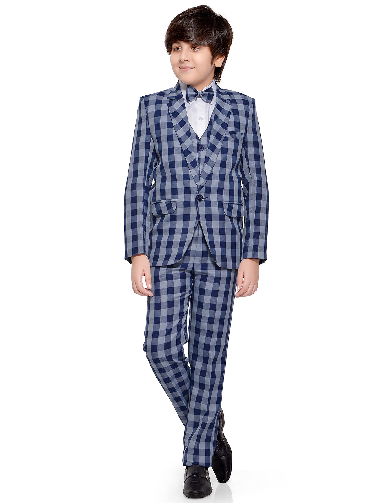 Jeetethnics Boys Blue Checked Coat Suit Set With Waistcoat Shirt And Trousers (9087B)