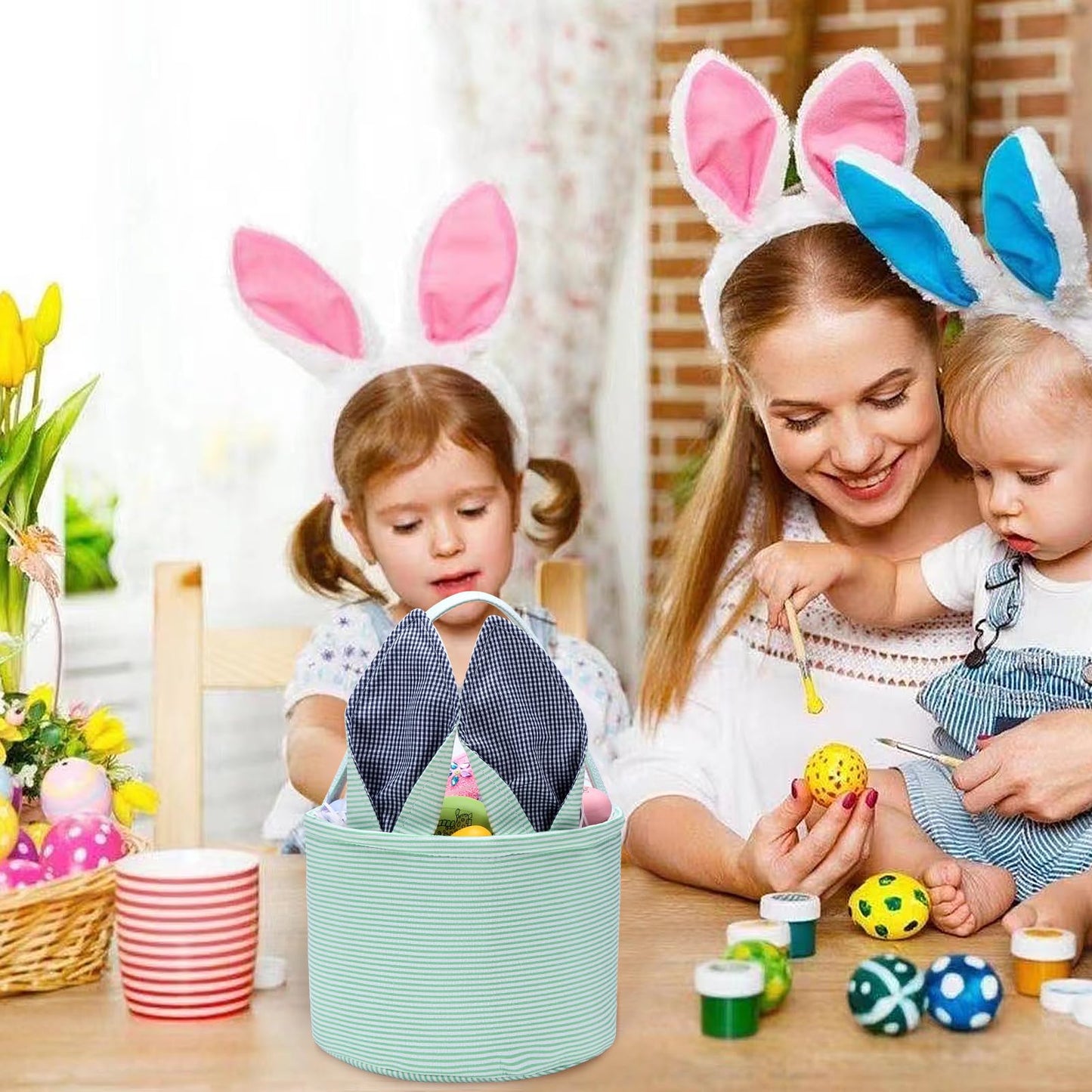 Easter Bunny Basket Seersucker Egg Bags For Kids,Personalized Candy Egg Basket Rabbit Print Buckets With Fluffy Tail Gifts Bags