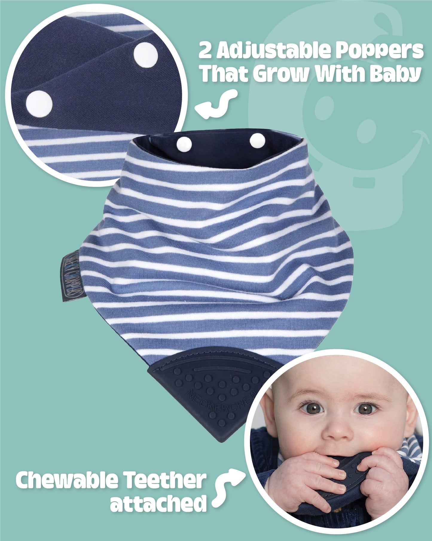 Cheeky Chompers 2-In-1 Baby Dribble Bib With Soft Silicone Teether, Reversible Bandana Style, Innovative Dimple Design Soothes G