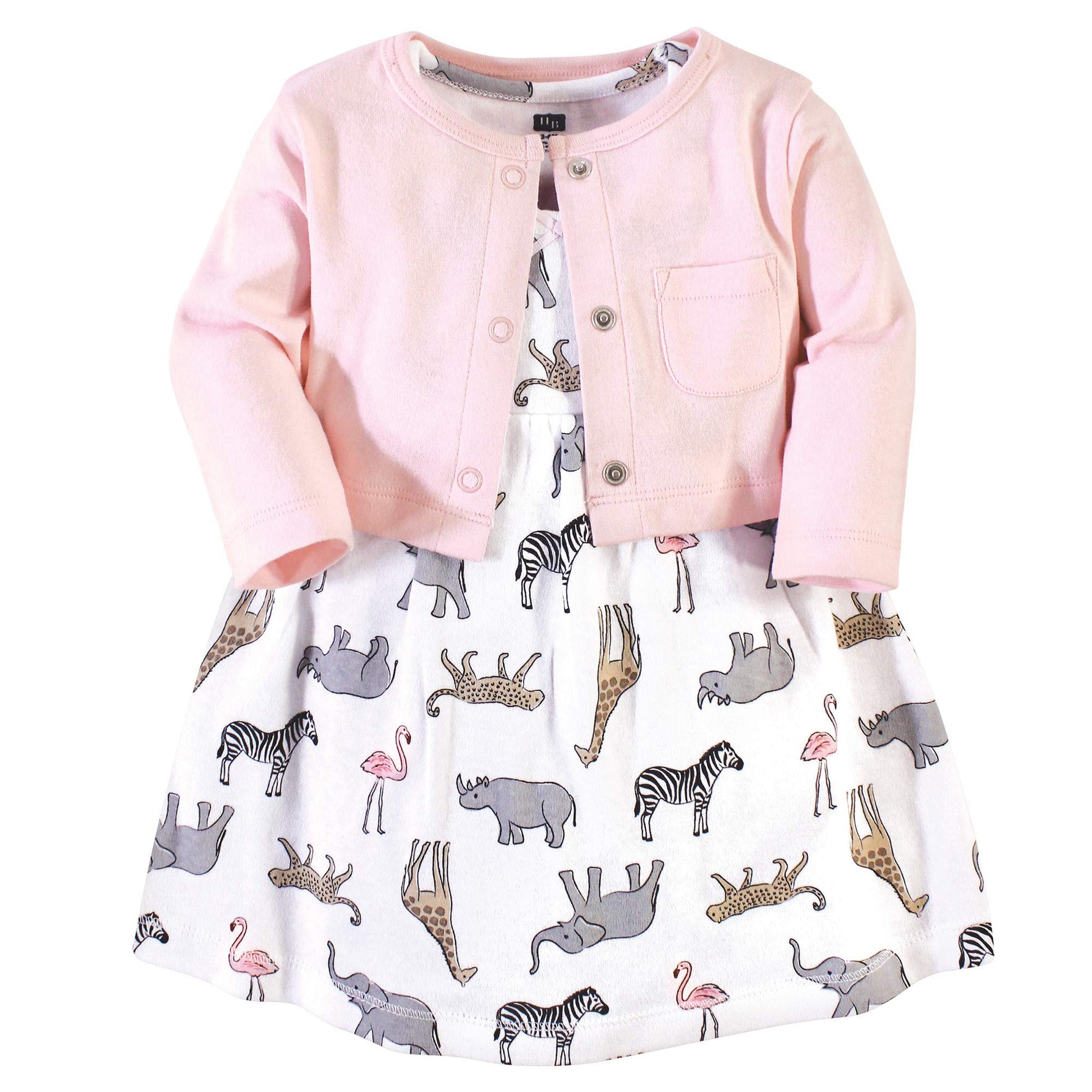 Hudson Baby Girls' Cotton Dress And Cardigan Set, Modern Pink Safari, 9-12 Months