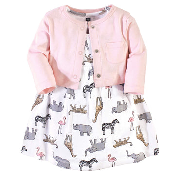 Hudson Baby Girls' Cotton Dress And Cardigan Set, Modern Pink Safari, 9-12 Months