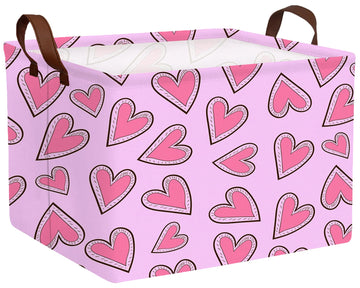 BOOHIT Valentines Day Basket for Kids Heart Shaped Empty Storage Bins for Gifts with Handles Room Decor (Pink Bottom Dotted Line