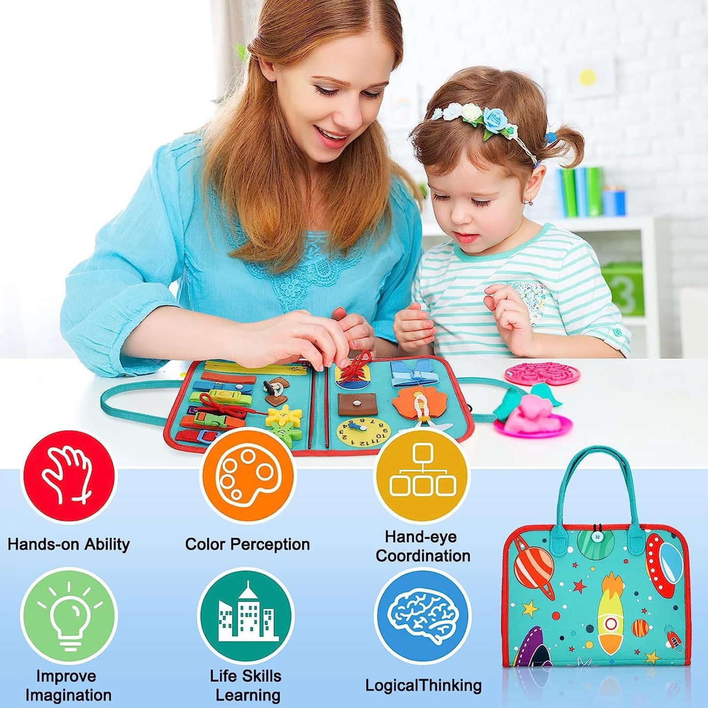 Busy Board for 1 2 3 4 Year Old Toddler Montessori Busy Book Sensory Learning Toys for Boys Girls Birthday Idea Gift (Green)
