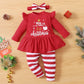 Ptomurs Newborn Baby Girls My 1St Christmas Outfits Santa Print Ruffle Sleeve Dress Shirt Tops + Stripe Pants +Headbands Set(Red