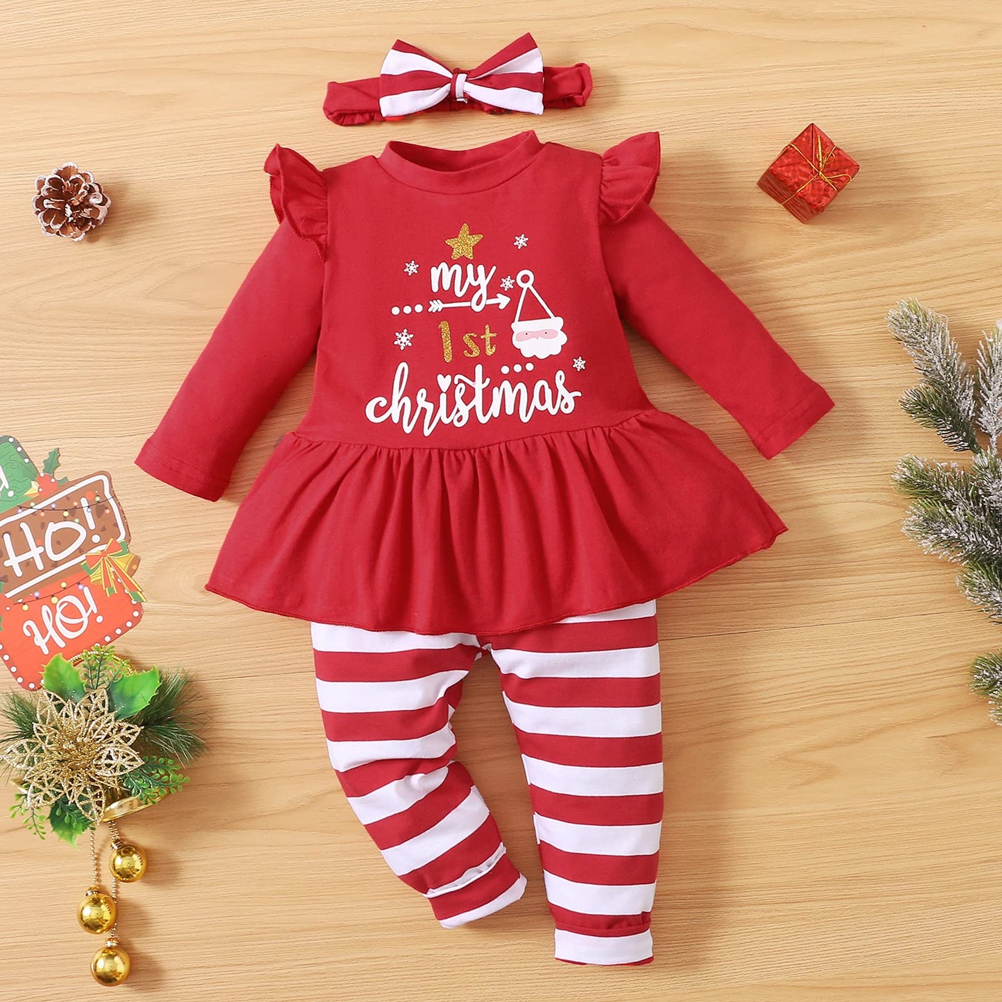 Ptomurs Newborn Baby Girls My 1St Christmas Outfits Santa Print Ruffle Sleeve Dress Shirt Tops + Stripe Pants +Headbands Set(Red