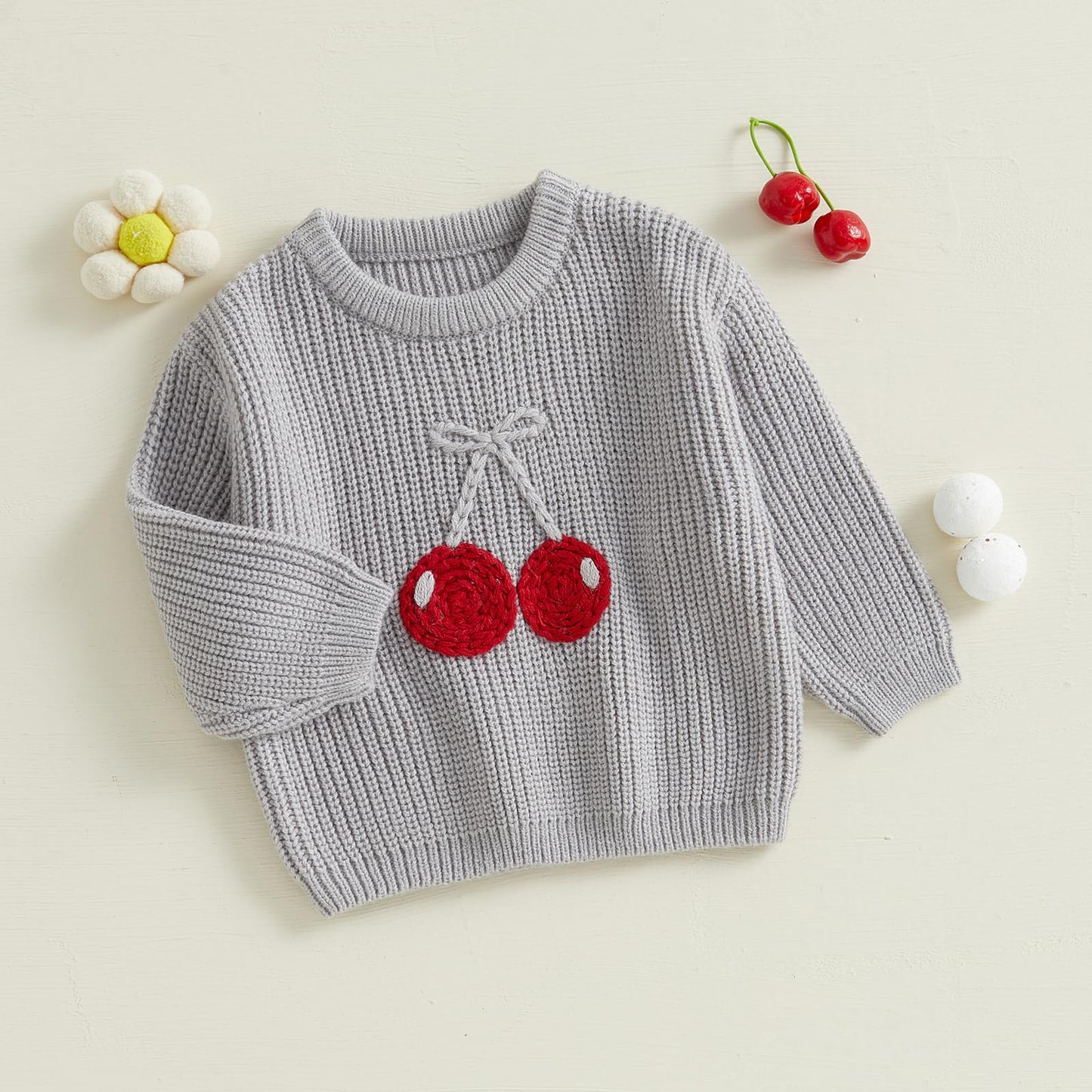 Jlkgicf Toddler Baby Girl Chunky Sweater Cherry Embroidery Knit Sweater Pullover Crewneck Shirt Valentines Spring Clothes (Cherr