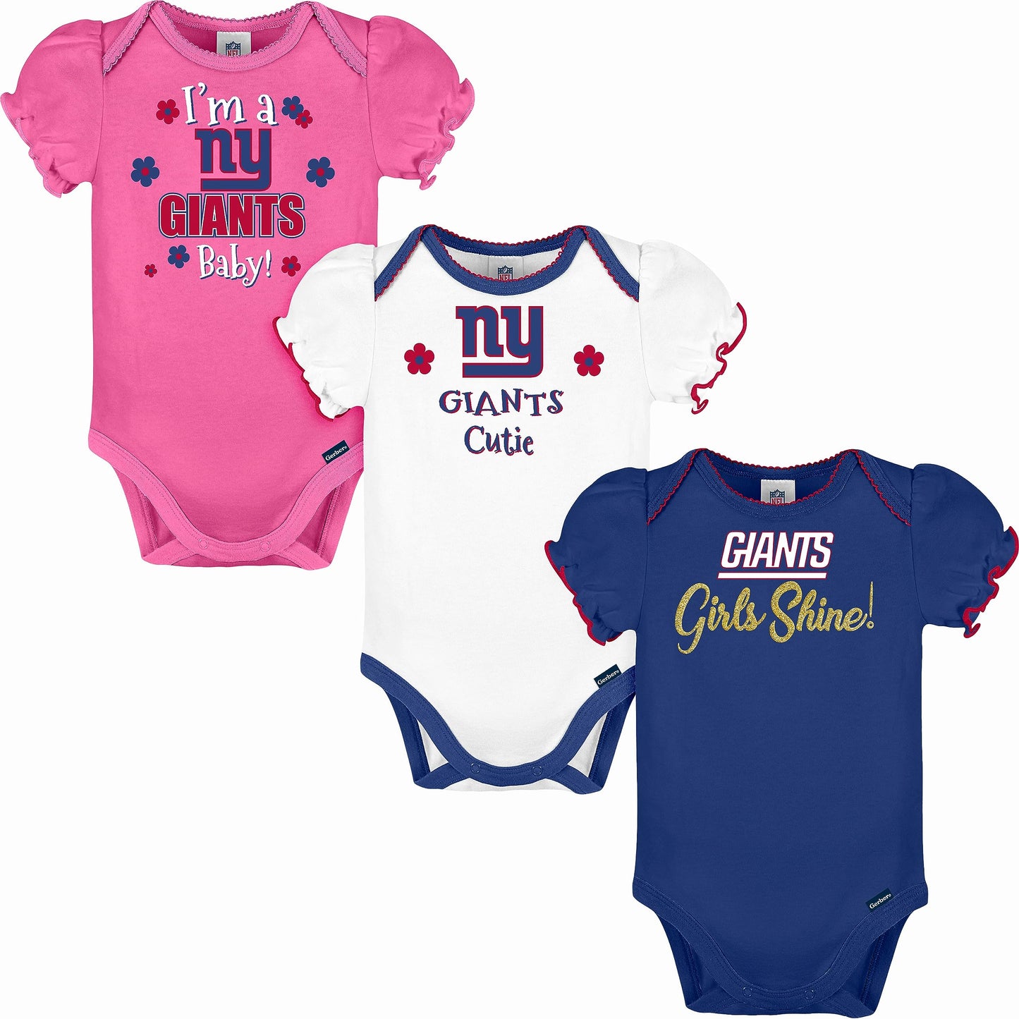 Gerber Baby Girls NFL 3 Pack Short Sleeve Onesie Bodysuit, Team Color, 0-3 Months