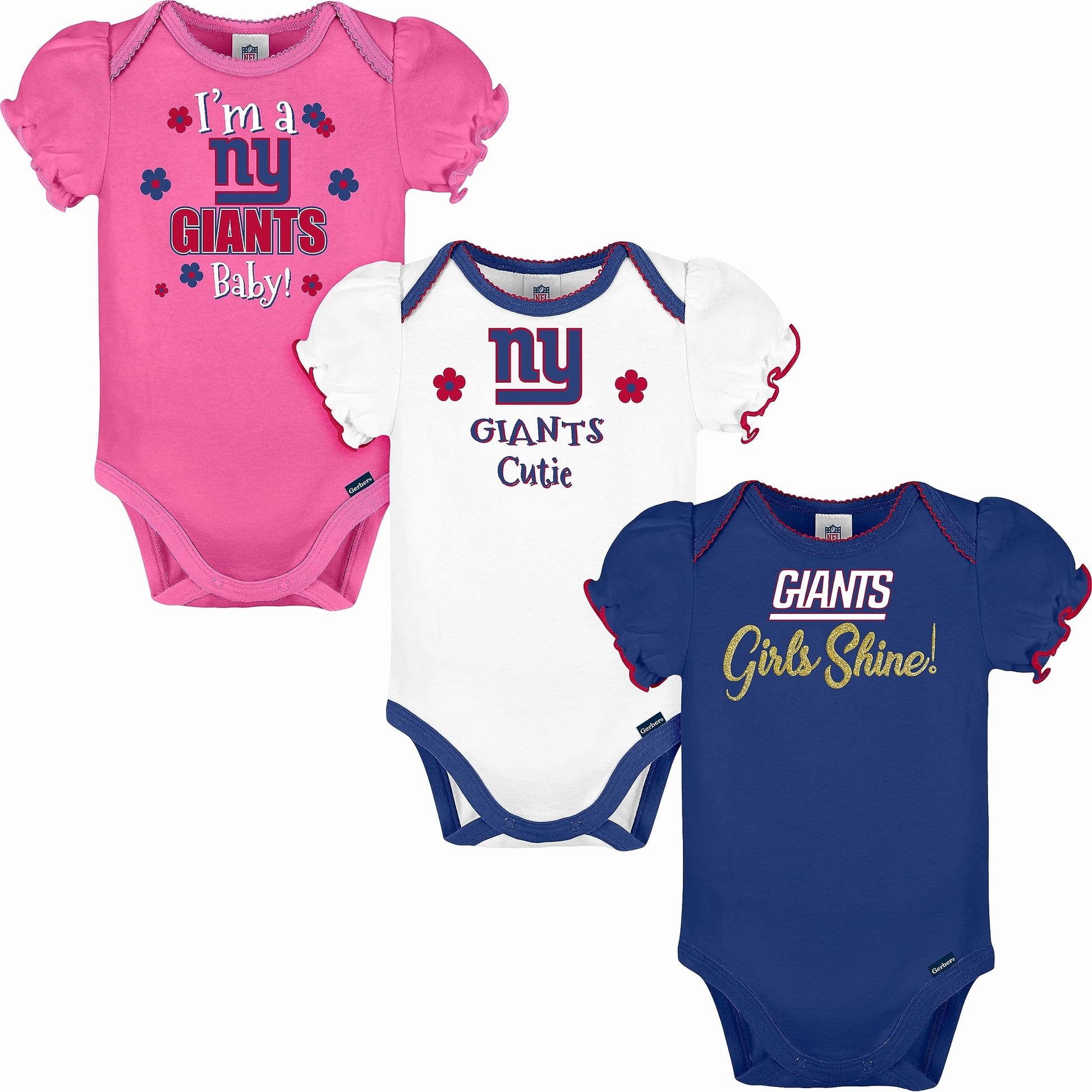 Gerber Baby Girls NFL 3 Pack Short Sleeve Onesie Bodysuit, Team Color, 0-3 Months