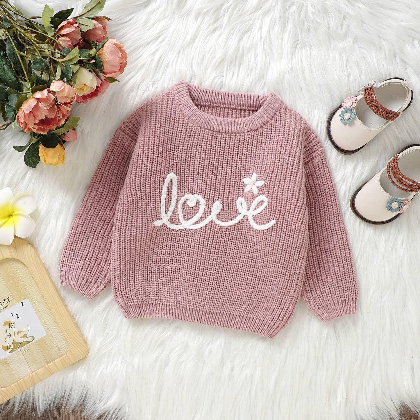 Toddler Girl Valentines Day Outfit Cute Valentines Day Sweater Love Embroidery Knit Pullover Sweatshirt Top(B-Pink,18-24 Months)