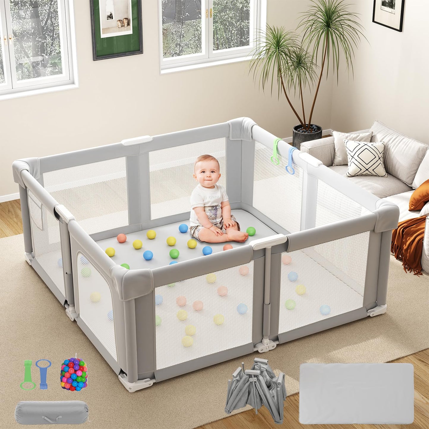 Seeday Foldable Baby Playpen, 51 Playpen for Babies and Toddlers with Mat Ocean Balls and Pull Links, Play Pen with Soft Breatha