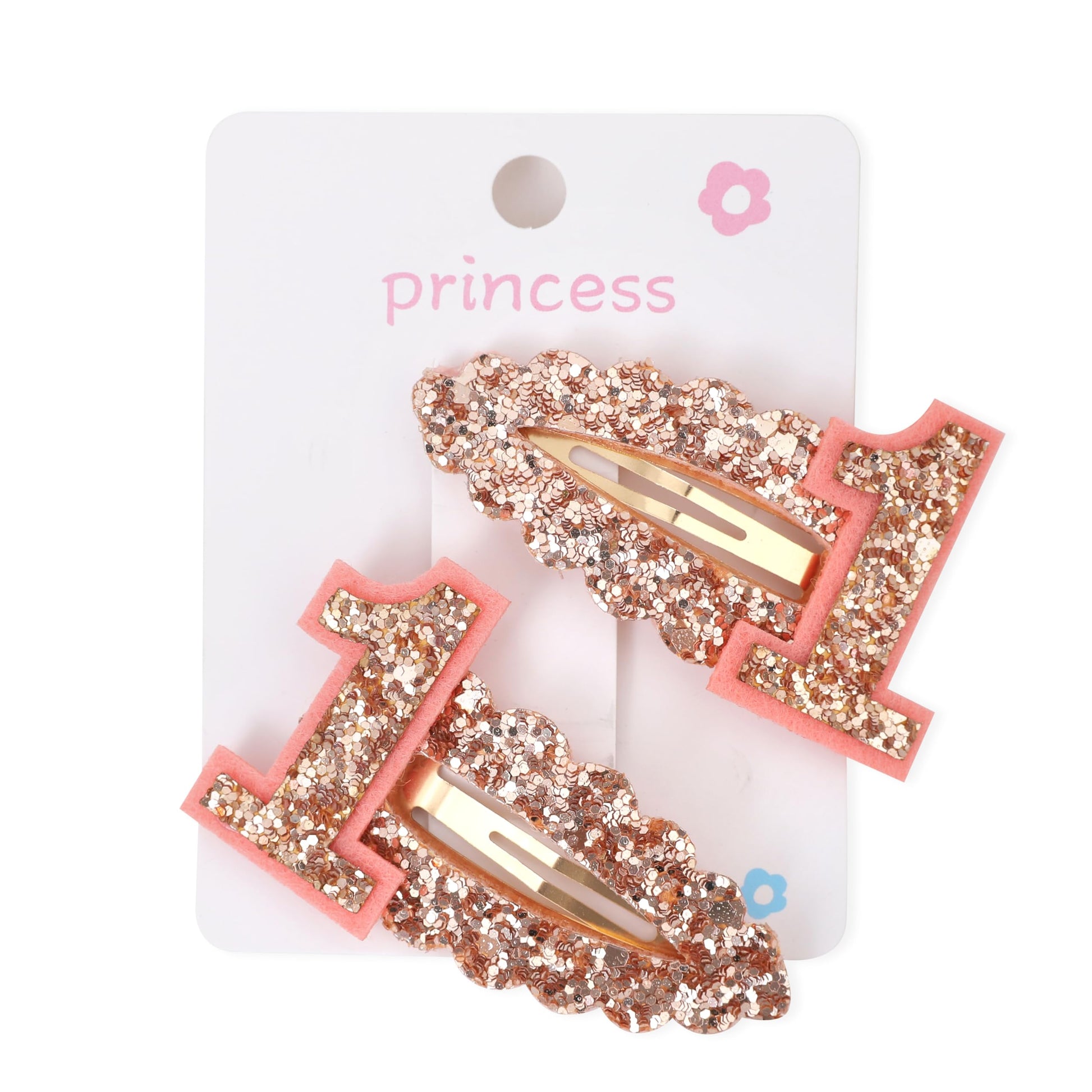 1St Birthday Hair Clips For Girls - Glitter Number 1 White Clips, Party Decorations, Photo Props (Rose Gold)