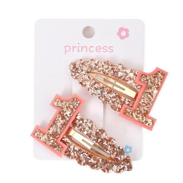 1St Birthday Hair Clips For Girls - Glitter Number 1 White Clips, Party Decorations, Photo Props (Rose Gold)