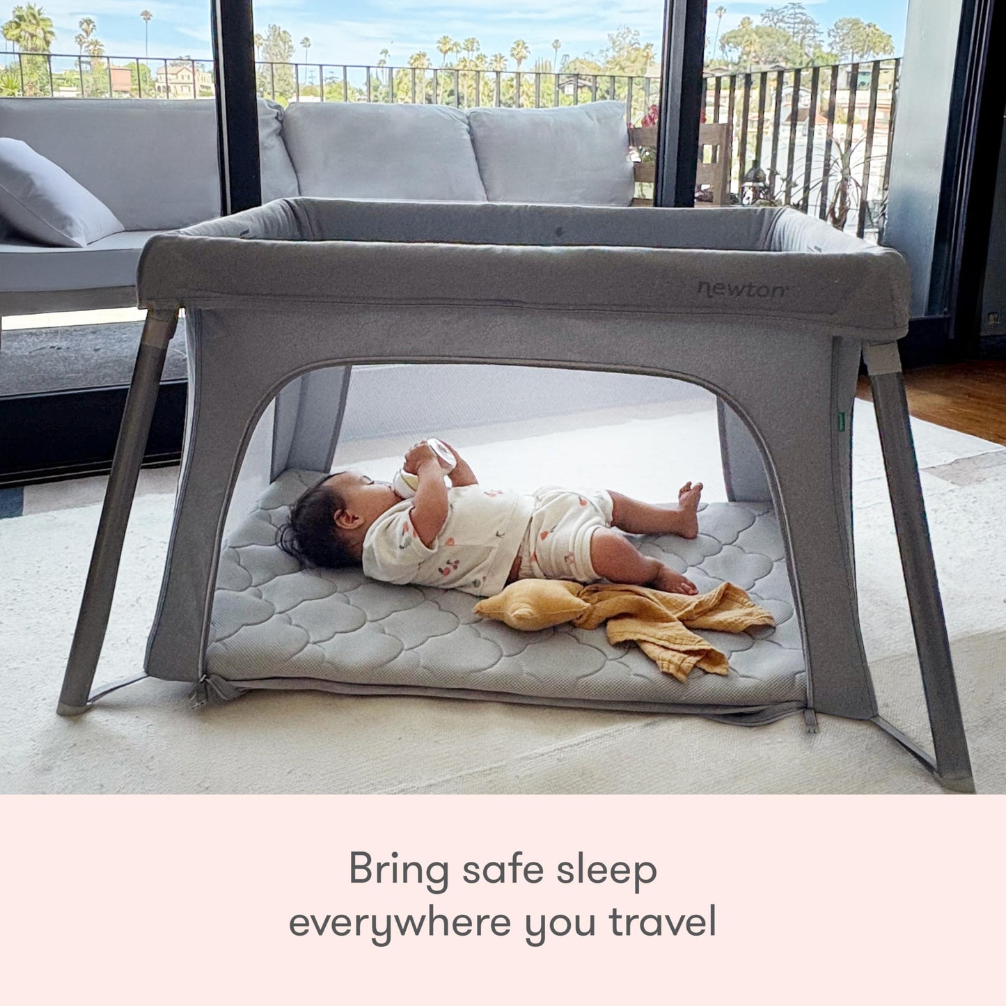 Newton Baby Compact Travel Crib & Play Yard | Breathable & Washable Mattress, Foldable Carry-On Size, Backpack Straps, Gray, New