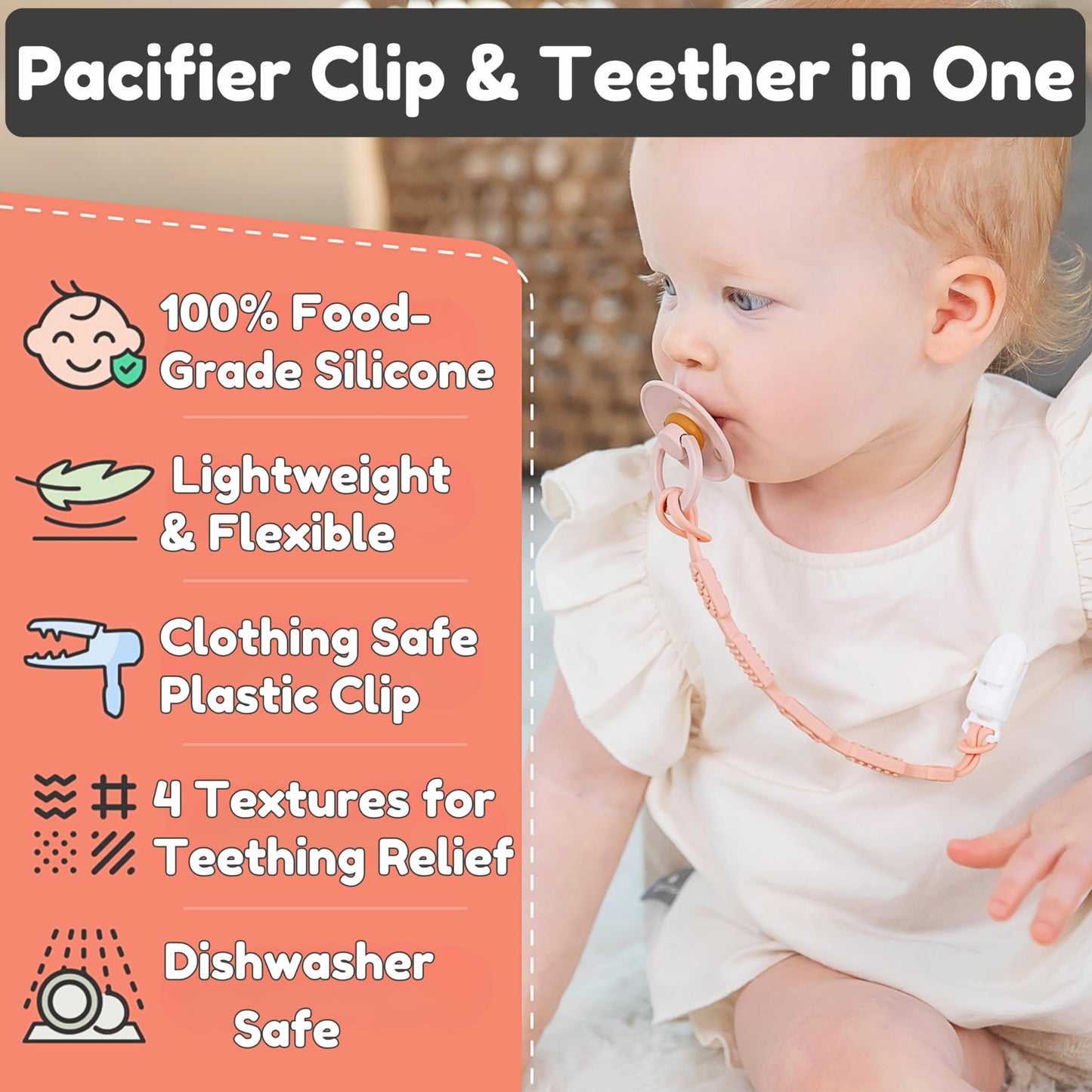 Silicone Pacifier Clip For Babies | 4 Pain Relief Textures, One-Piece Design | 100% Food-Grade, Flexible Binky Clips For Boys &
