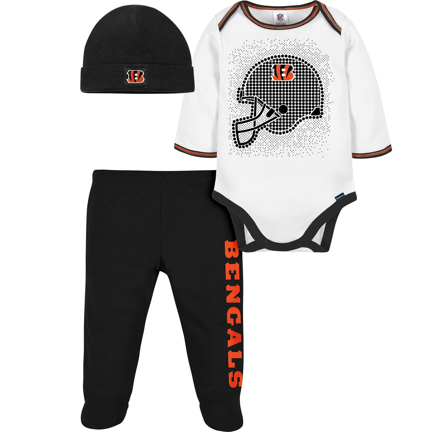 Gerber Nfl Baby Boys' 3Pc Bodysuit, Footed Pant, & Cap Set, Cincinnati Bengals, 0-3 Months