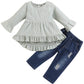 Bilison Toddler Baby Girl Clothes Cotton Linen Long Sleeve Ruffle Top And Ripped Jeans Outfit Sets