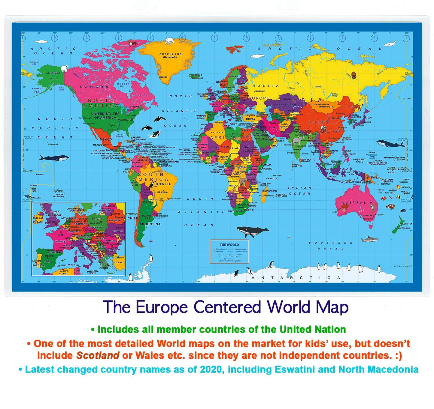 Natural Learning Children'S Placemat (2 Placemats: Usa/Europe Centered World Map; Multiplication And Division 2-In-1)