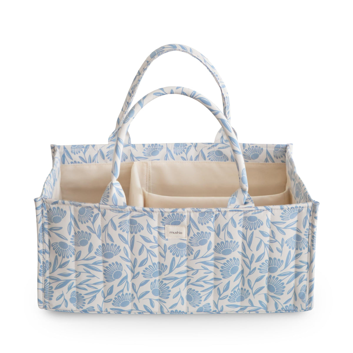 mushie Baby Diaper Caddy | Newborn Essentials Organizer for Diaper Changing Station (Blue Flowers)