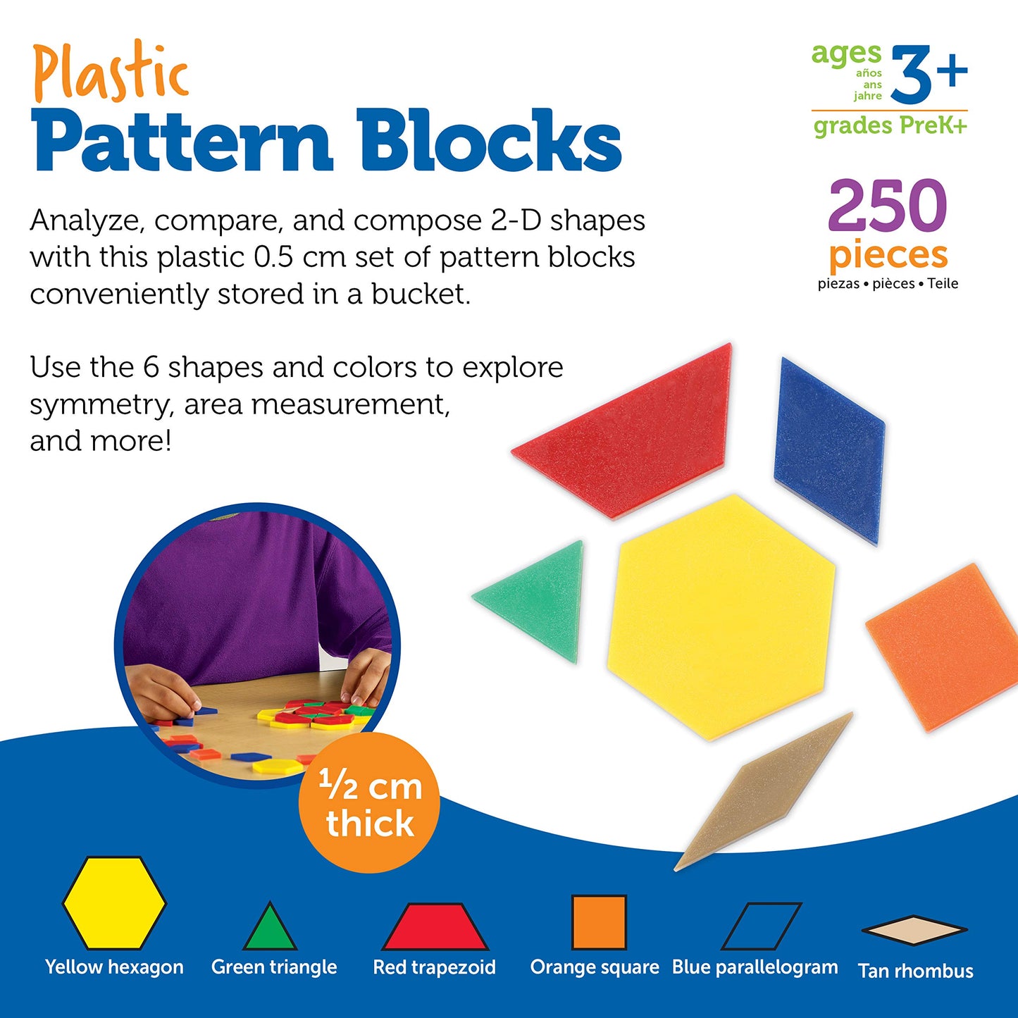 Learning Resources Plastic Pattern Blocks - Set of 250, Ages 3+, Shape Games for Preschoolers, Homeschool Supplies, Shape Manipu