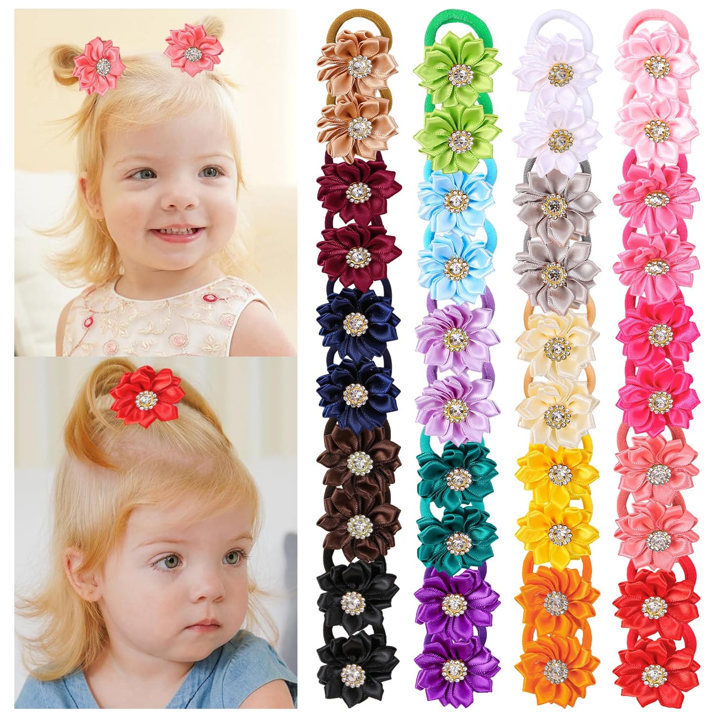 40pcs/set Baby Girls Flower Mini Hair Ties, Rhinestone Satin Hair Elastics for Toddlers Kids, Multicolor Candy Baby Scrunchies S