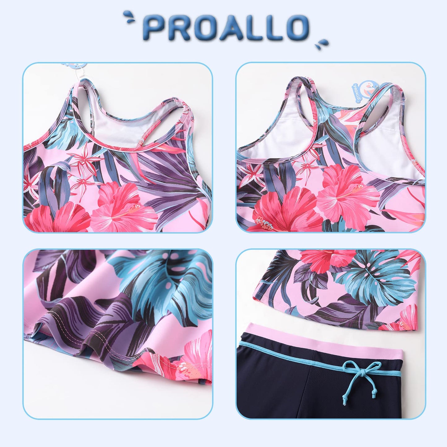 Proallo Girls Bathing Suits Two Piece Vest Style Swimsuit With Boyshort Tankini Swimwear Hibiscus