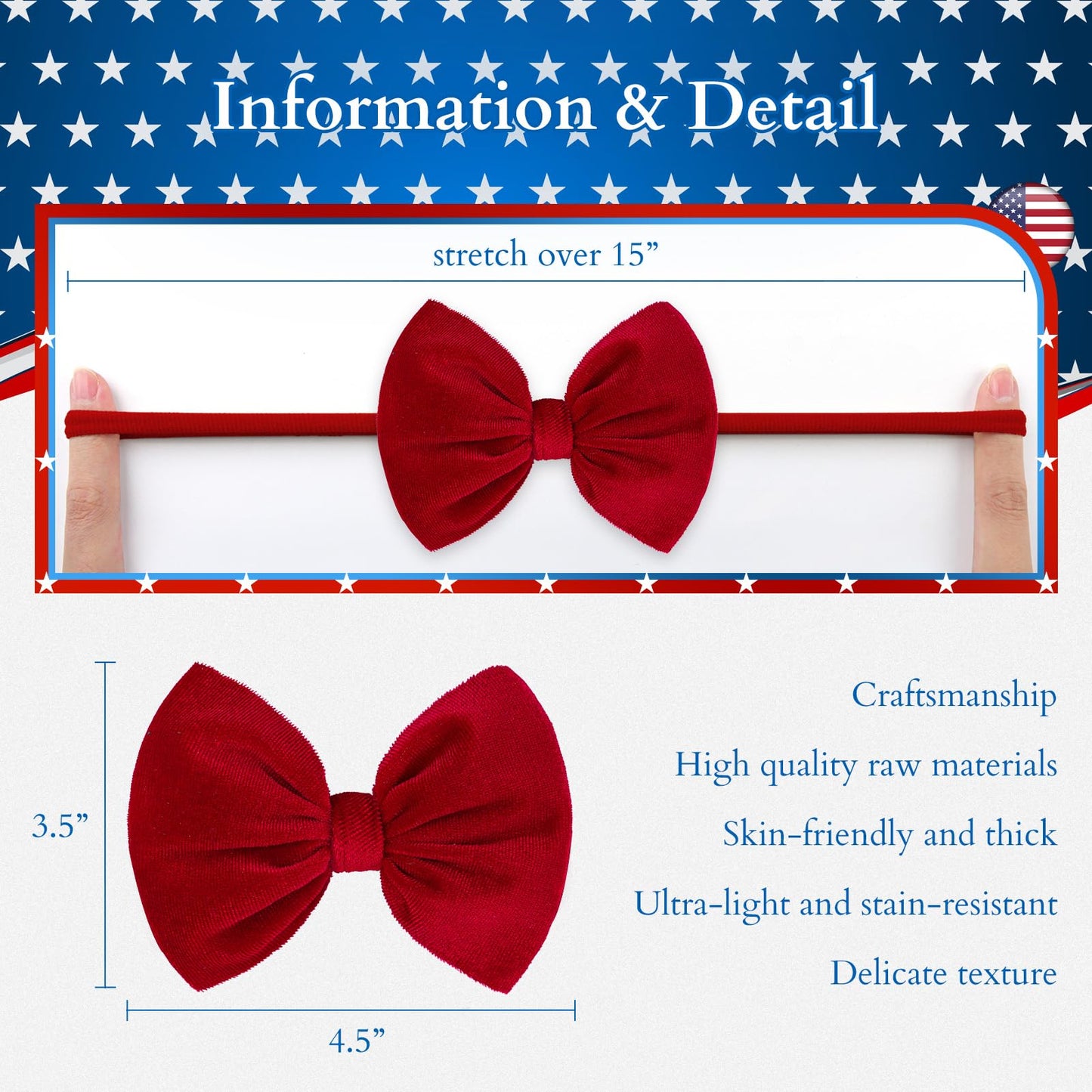 Yanjie Hairband, 4Th Of July Baby Girl Bows Headband, Premium Soft Velvet & Nylon Fabric In Red, White, Blue, Handmade, One Size
