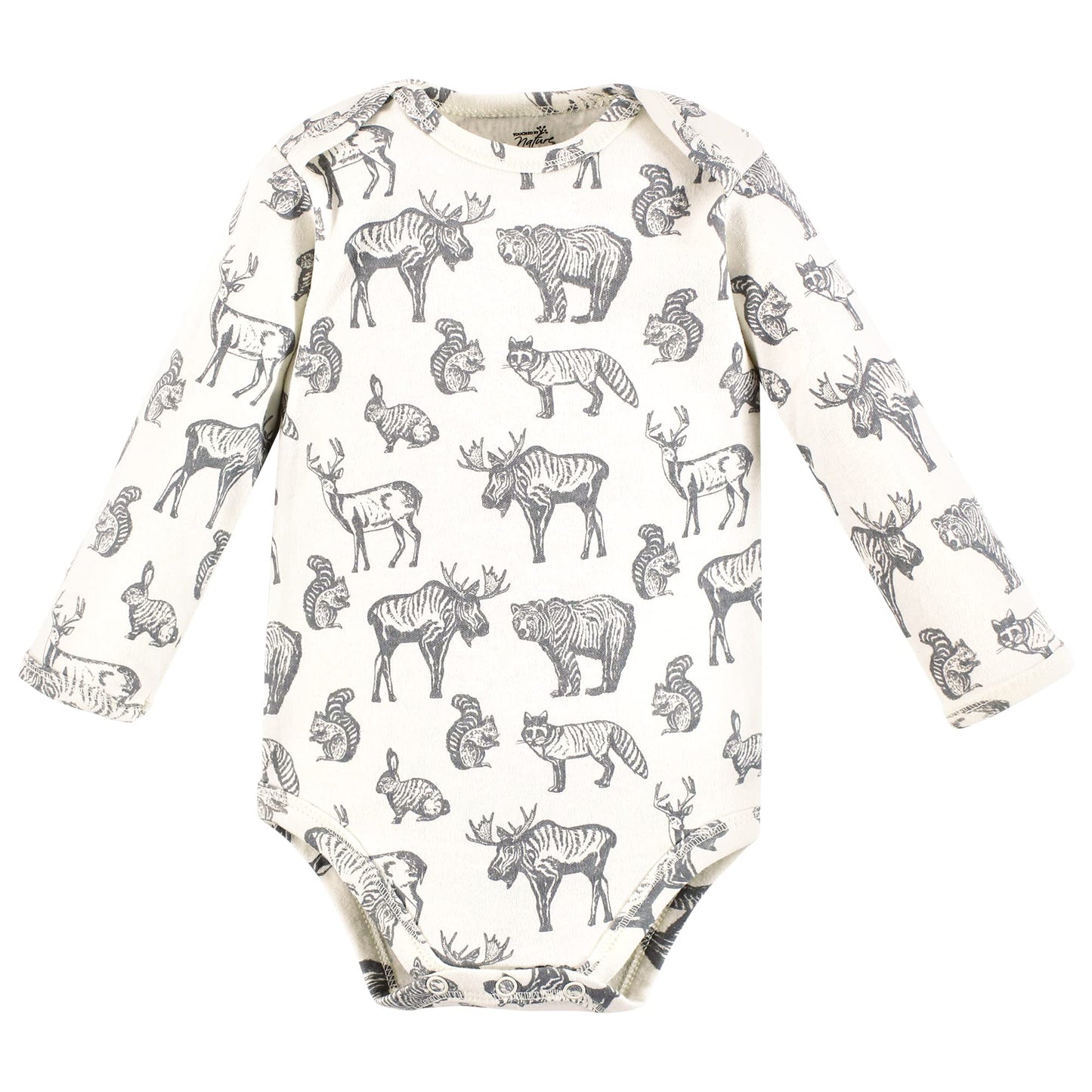 Touched By Nature Unisex Baby Organic Cotton Long-Sleeve Bodysuits, Neutral Woodland, 12-18 Months