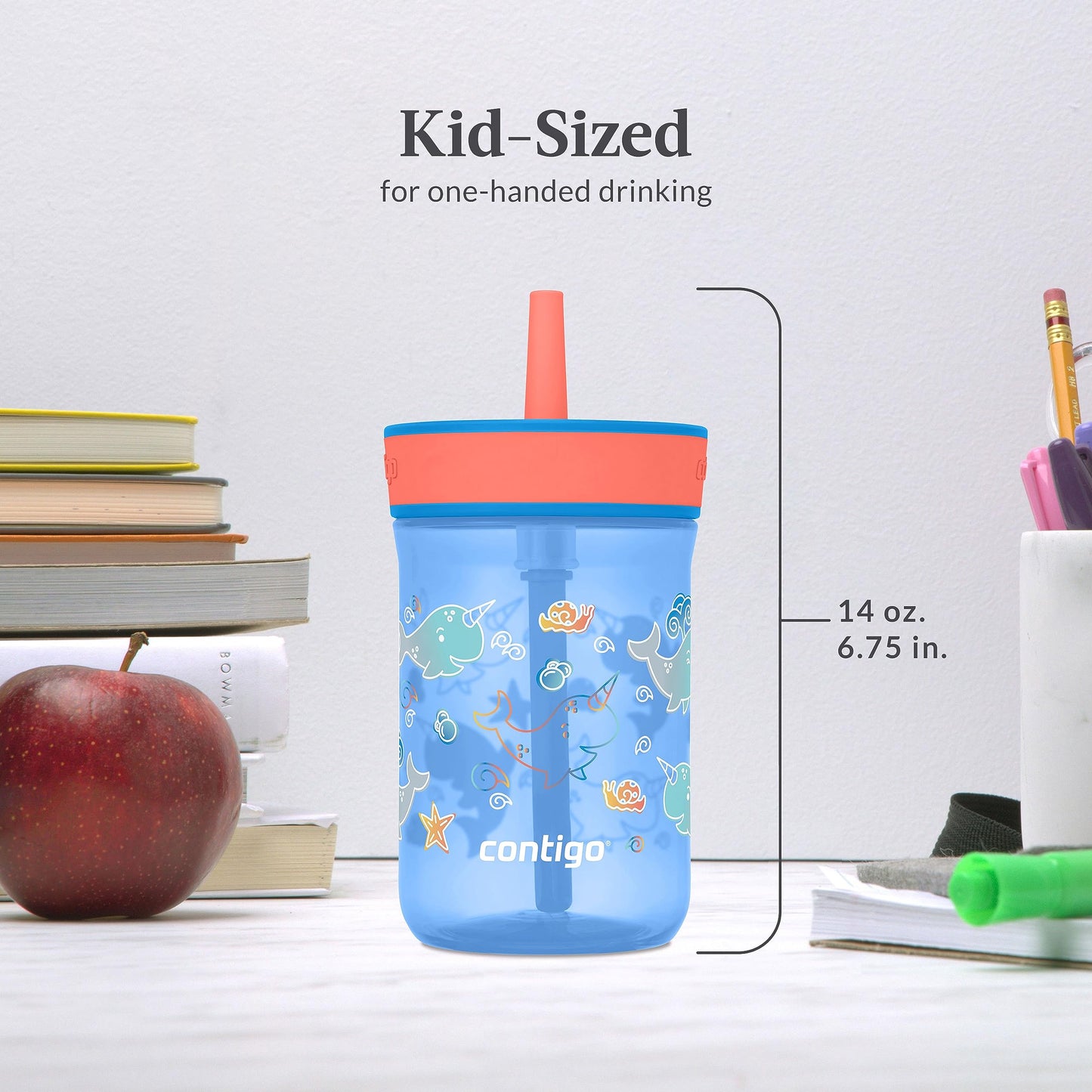 Contigo Kids Leighton Straw Tumbler With Spill-Proof Leak-Proof Lid, 14Oz, Blue Poppy/Narwhals