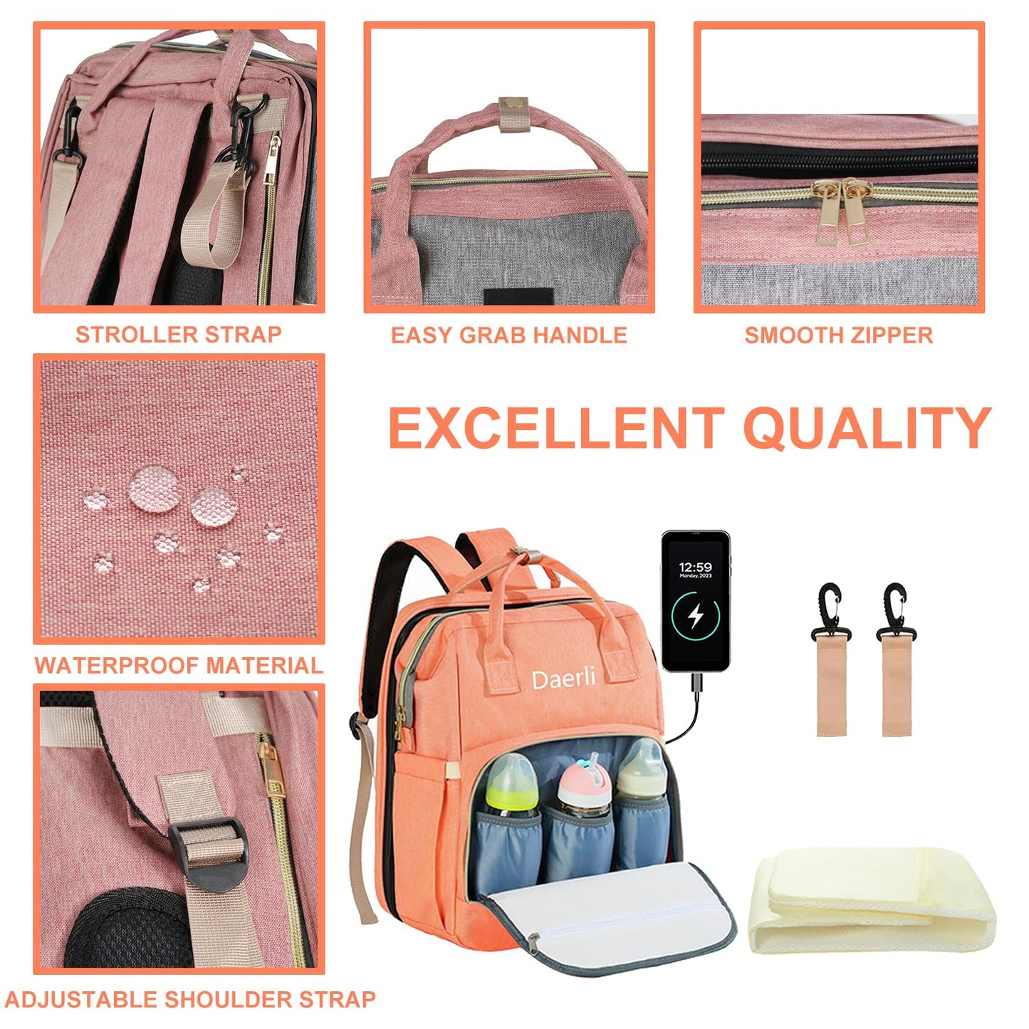 Daerli Diaper Bag With Changing Station, Large Diaper Bag Backpack, Multifunctional Baby Diaper Bag (Pink)
