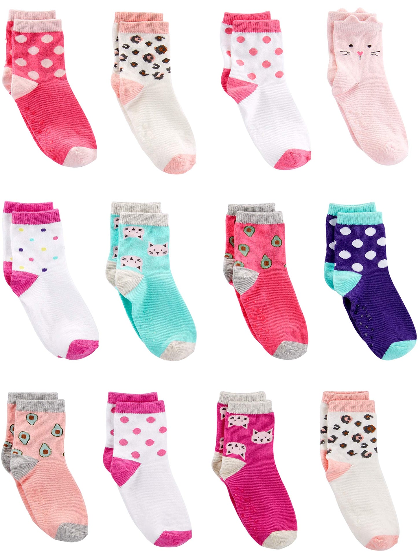 Simple Joys By Carter'S Unisex Toddlers' Crew Socks, 12 Pairs, Animal Print/Avocados/Cat/Dots, 2-3T