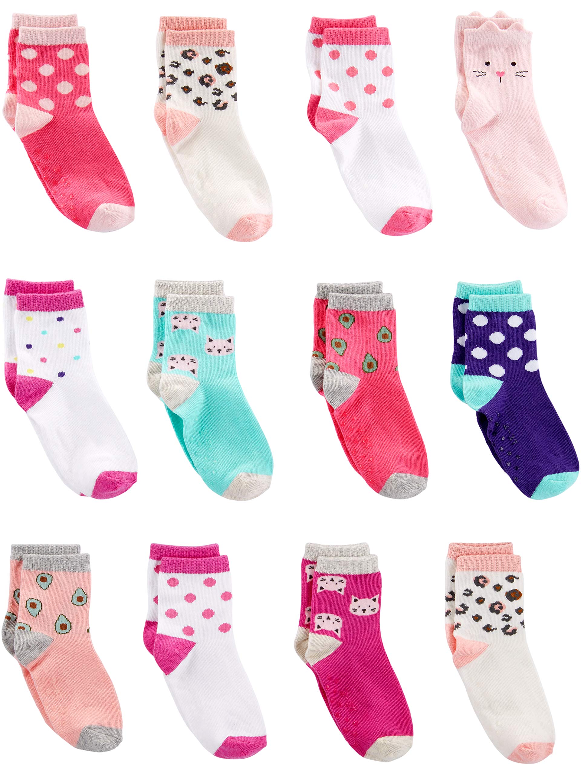 Simple Joys By Carter'S Unisex Toddlers' Crew Socks, 12 Pairs, Animal Print/Avocados/Cat/Dots, 2-3T
