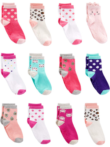 Simple Joys By Carter'S Unisex Toddlers' Crew Socks, 12 Pairs, Animal Print/Avocados/Cat/Dots, 2-3T
