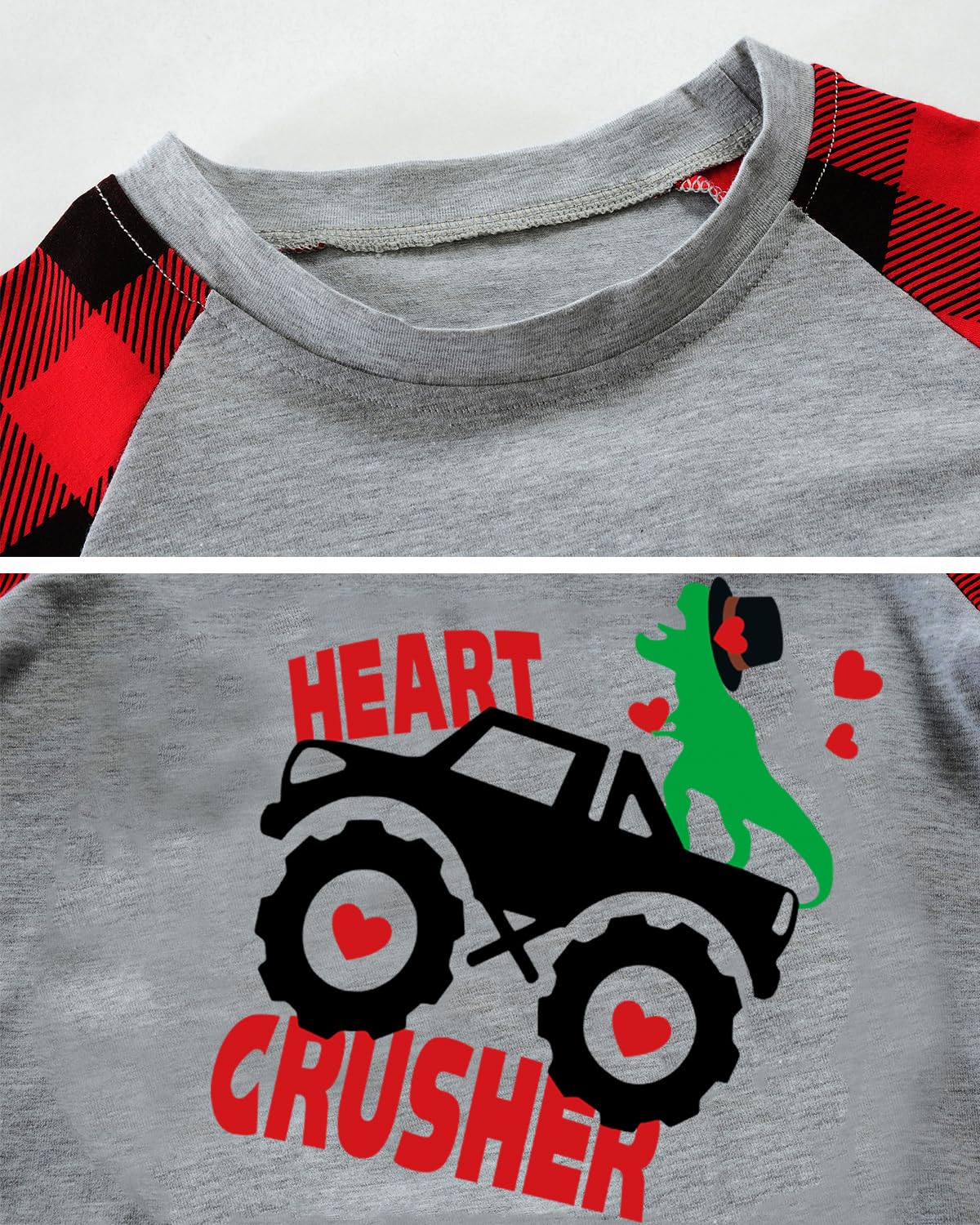 Valentine'S Day Shirt For Toddler Boy Heart Monster Truck Dinosaur Heart Crusher Clothes Dino Buffalo Red Plaid Raglan Sleeve Ki